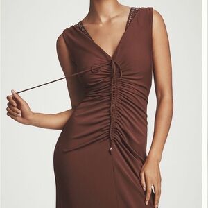 Anthropologie Maeve Sleeveless V-neck Studded  Ruche Brown Midi Dress NWT